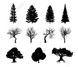 Black silhouettes illustrations of different trees