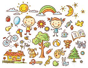 Doodle set of objects from a child's life