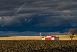The barn, red roof, storm, clouds, farmland, Nature, tree