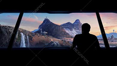 Man Views Futuristic Colony On Barren Planet