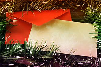 Blank grunge christmas card with colored tinsel