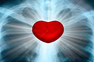X-Ray Image Of Human Chest with Energy Radiating From Heart Chakra