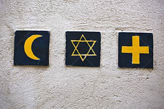 Religious symbols: islamic crescent, jewish David's star, christian cross