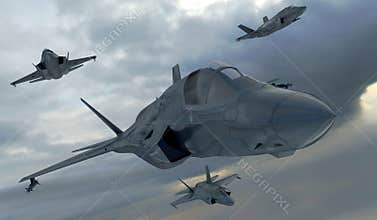 F 35 , american military fighter plane.Jet plane. Fly in clouds
