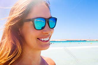 Summer white smile and fun. Sunglasses woman. Sea travel