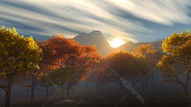 Sunrise over the autumn yellow and red trees