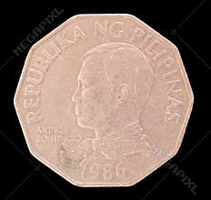 Head of a 2 piso coin, issued by Republic of the Philippines in 1986 depicting the portrait of the First President