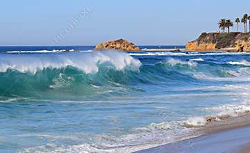 High surf at Aliso Beach in South Laguna Beach, California.