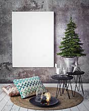 Mock up poster on the concrete wall with christamas decoration,