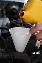 Pouring motor oil in the engine