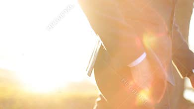 Groom walking autumn park walking on leaves close