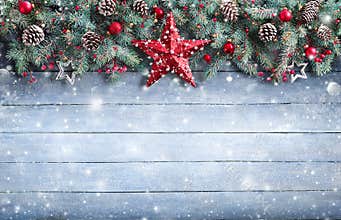 Christmas Greeting Card - Fir Branch And Decoration On Snowy