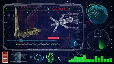 Futuristic blue virtual graphic touch user interface HUD. Russian nuclear weapos on radar