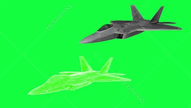 Military plane F-22 , rotate animation , wireframe render. green screen footage