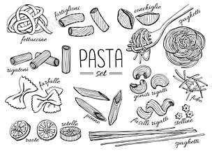 Vector hand drawn pasta set. Vintage line art illustration