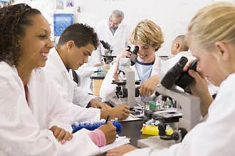 School children and their teacher in science class