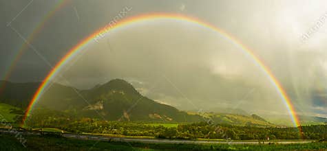Majestic Double Rainbow Over Green Valley and Hills, Slovakia
