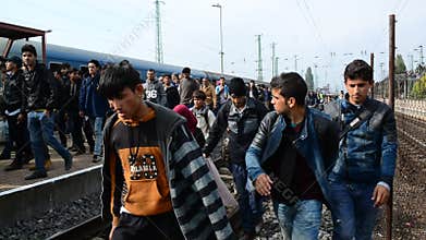 Group of refugees leaving Hungary