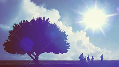 Silhouette of Family Walking Together Outdoors Against Blue Sky