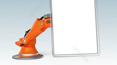 Orange robotic arm holding a blank sign board