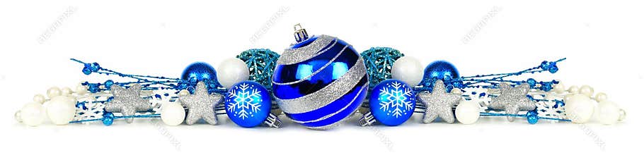Blue and silver Christmas ornament border over white