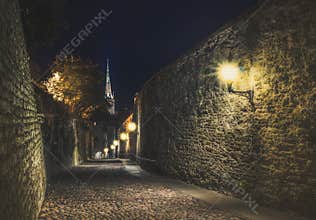 Streets of Old Tallinn upper city at night. Tallinn, Estonia.