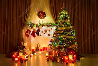 Christmas Tree Room, Xmas Home Night Interior, Fireplace Lighs