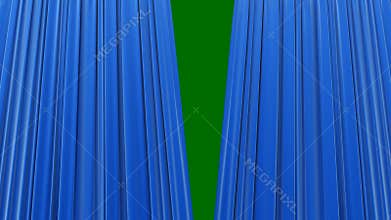 Highly detailed 3d animation of Blue curtain opening and closing with green screen, Perspective view bottom-up.