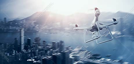 Photo White Matte Generic Design Remote Control Air Drone with action camera Flying Sky under City. Modern Megapolis