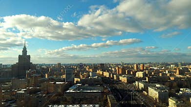 Moscow cloudy sky time lapse. Leningradsky prospekt avenue . High altitude shot