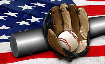 Baseball bat and glove on American flag