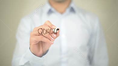 Qualification , Man writing on transparent screen