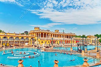 BUDAPEST, HUNGARY- MAY 05,2016: Courtyard of Szechenyi Baths, Hungarian thermal bath complex and spa treatments.