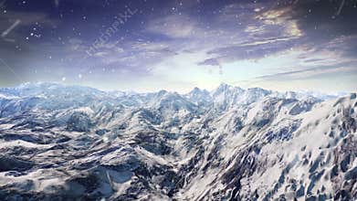 Snowing mountains. vally. forwarding camera view.3D