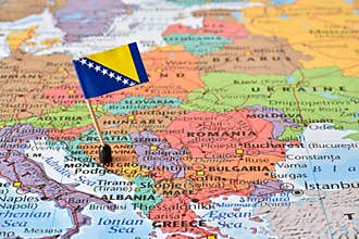 Map and flag of Bosnia and Herzegovina, Balkan peninsula