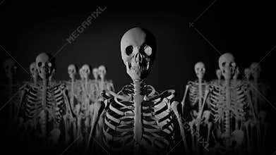 Group of Skeletons Standing in the Dark staring at the Camera in a Creepy Look