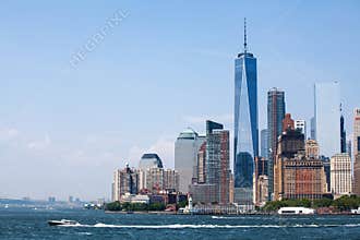 New York City at Lower Manhattan skyscrapers and One World Trade Center