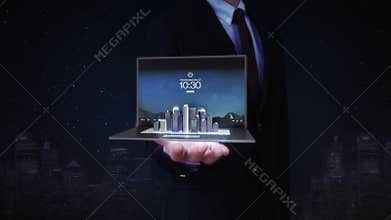 Businessman open palms, keyboard on notebook pc, tablet changed modern building, construction building.