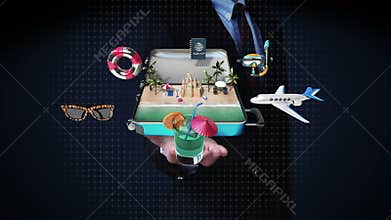 Businessman open palms,Opened a traveling bag, trunk, Prepare to travel for summer vacation, tour.