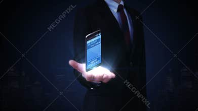 Businessman open palms, credit card insert a smartphone, Internet,online payments.mobile purchase.