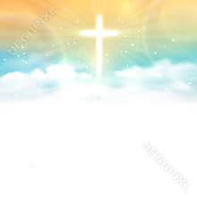 Background with shining cross and heaven with white clouds.