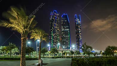 Famous towers buildings in Abu Dhabi night timelapse hyperlapse.
