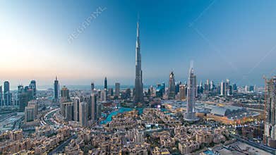 Dubai Downtown day to night timelapse view from the top in Dubai, United Arab Emirates