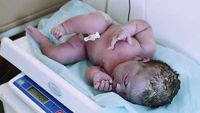 Nurse in gloves weigh newborn little baby on scales in maternity hospital after birth. Clinic