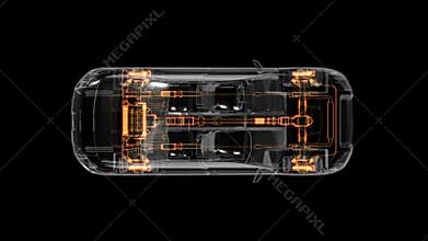 Automobile Technology. Drive shaft system, Engine, interior seat. X-ray Top view.
