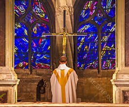 Priest Praying Crucifix Stained Glass Saint Severin Church Paris France