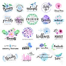Set of hand drawn watercolor labels and badges for beauty,
