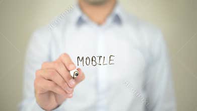 Mobile Banking, Man writing on transparent screen