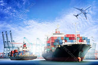 Container Cargo ship and Cargo plane with working crane bridge in shipyard background