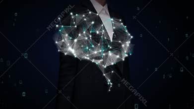 Businesswoman touching shape of Brain connect digital lines, expanding artificial intelligence 2.